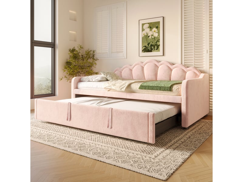  Canapé-lit 90x200 cm avec bande led multicolore, lit simple en velours avec lit gigogne, lit d'enfant, lit 1 personne, rose  - Conforama D