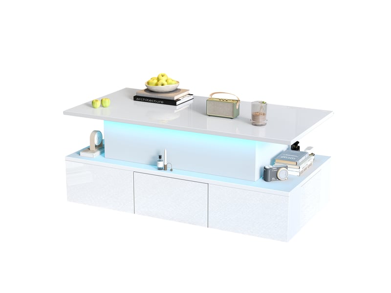 Table basse relevable avec 4 tiroirs, niche centrale, rangement caché et éclairage led pour salon en mdf blanc 100×50×40 cm - Conforama A