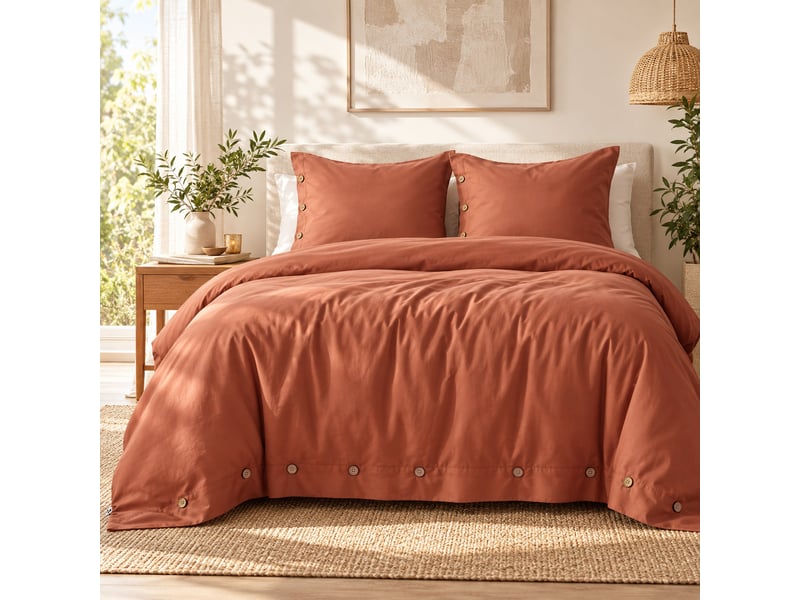  Housse de couette 240 x 220 cm + 2 taies 65 x 65 cm 100% percale de coton 120 fils perrine tomette  - Conforama A