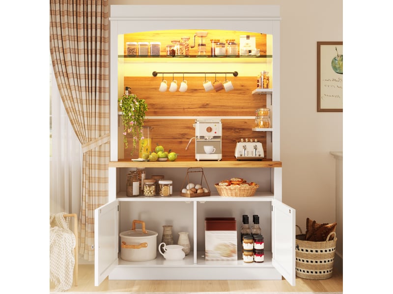  Buffet haut modenvie set de 2, 184 cm, led rgb, avec étagère en verre et barre à crochets, mdf et métal, blanc  - Conforama E