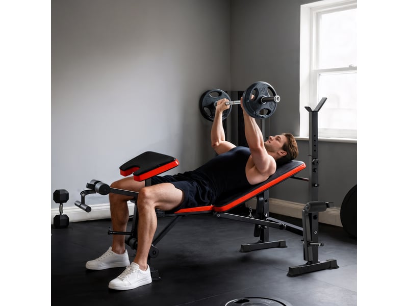 Banc musculation multifonctionnel, dossier réglable, support haltères, extension jambes, pupitre biceps, papillon, sallebureau, noir. - Conforama C