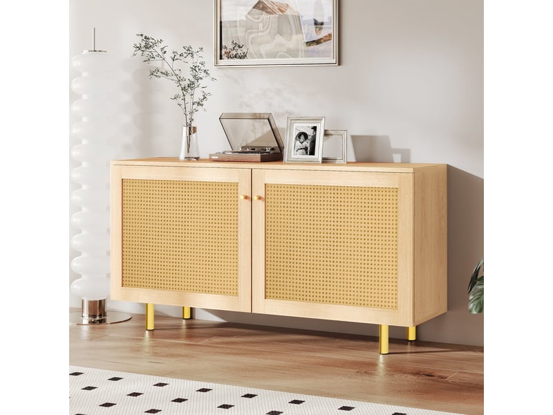  Buffet 2 portes avec étagère et façades en rotin - lpospi - pieds métal doré, mdf décor bois naturel 120 × 40 × 63 cm  - Conforama C