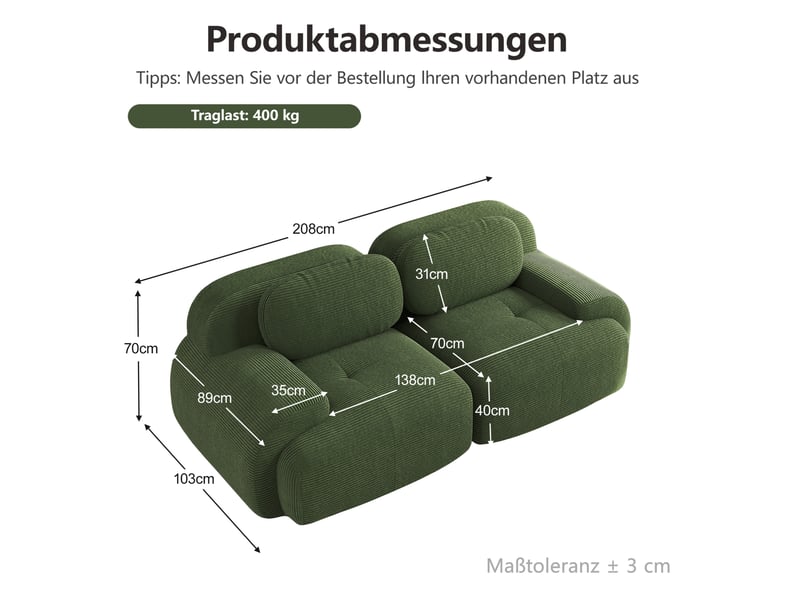  Canapé d’angle modulaire 208x103x75 cm — assise souple, lignes courbes, sans montage, tissu côtelé vert  - Conforama C