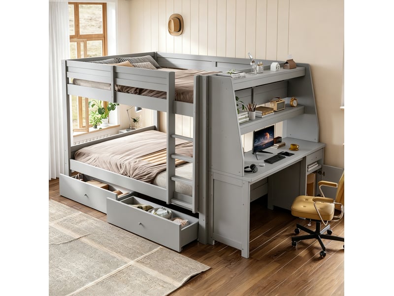 Lit superposé 140 × 200 cm avec bureau, armoire, étagères et tiroirs, montage réversible, chambre enfant - Conforama B