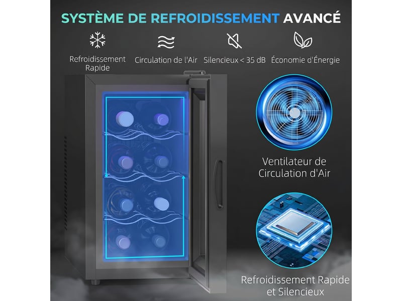  Cave à vin 8 bouteilles 21l, réfrigérateur à vin et boissons avec température réglable 8-18°c, noir, porte en verre  - Conforama A