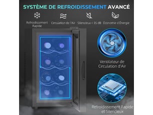 Cave à vin 8 bouteilles 21l, réfrigérateur à vin et boissons avec température réglable 8-18°c, noir, porte en verre