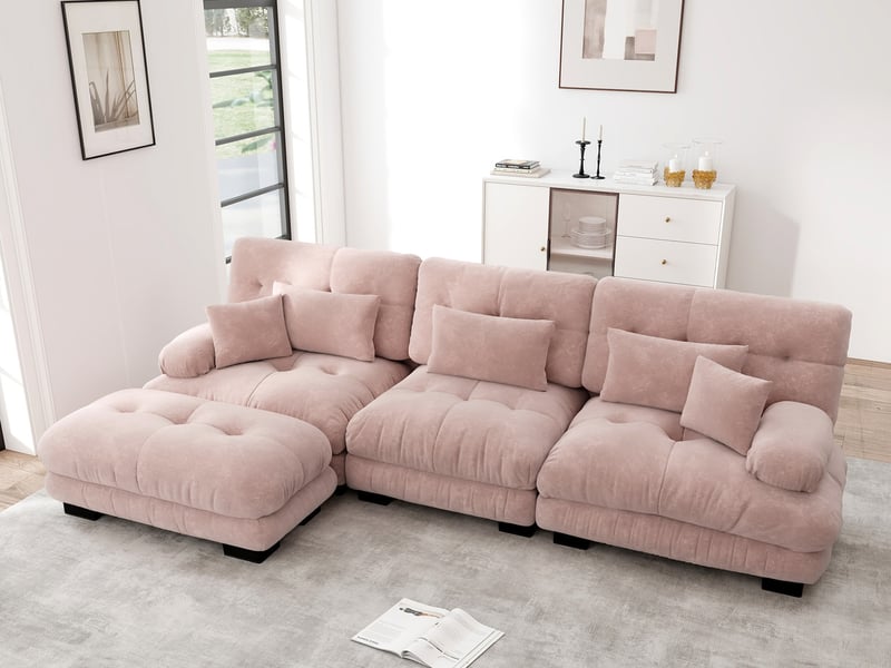  Canapé modulable d’angle avec ottomane en tissu rose  - Conforama B