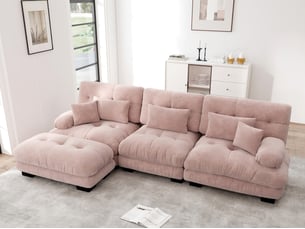 Canapé modulable d’angle avec ottomane en tissu rose