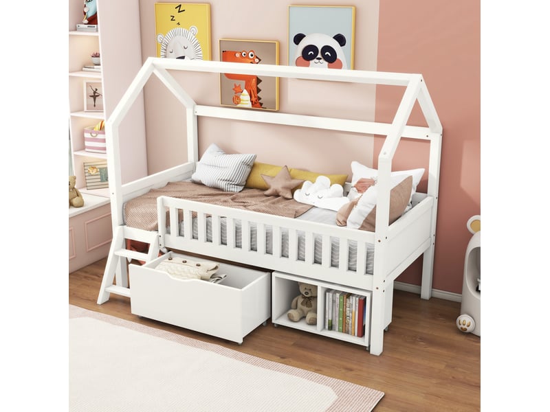  Lit enfant cabane 90 x 200 cm blanc en pin avec rangements  - Conforama C