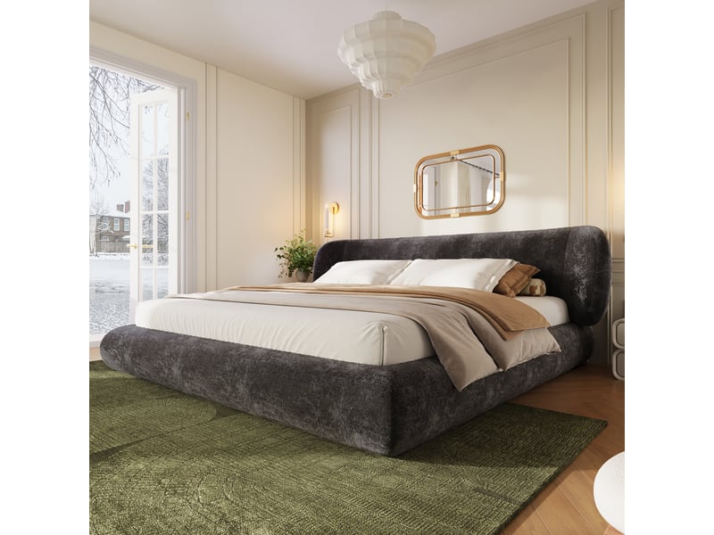  Lit double rembourré 140x190 cm, cadre de lit avec sommier à lattes, tête de lit, mousse épaisse, coins arrondis, chenille (sans matelas), gris CozyNest - Conforama D