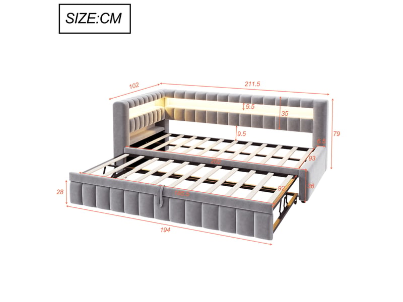  Lit gigogne 90x200 cm avec éclairage led et ports usb et type c, en velours gris clair  - Conforama E