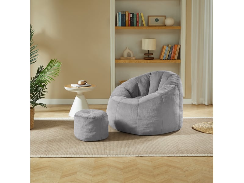  Fauteuil poire avec repose-pieds 105x105x70 cm en polyester gris clair  - Conforama W