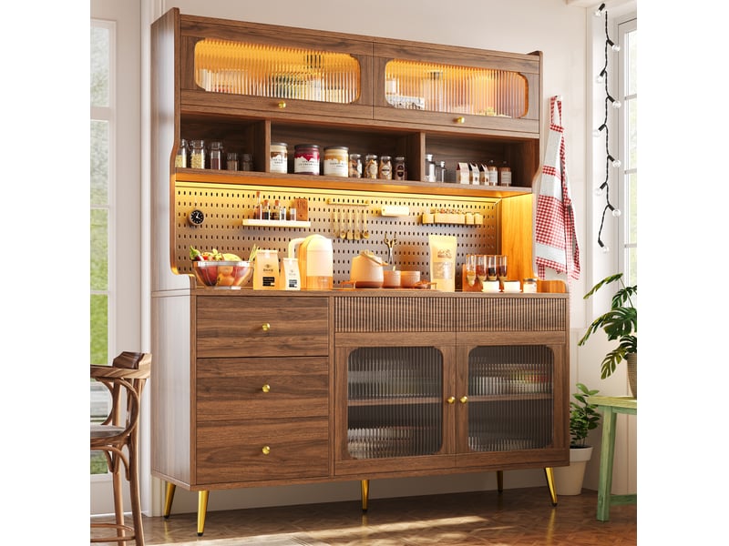 Meuble de rangement avec porte relevable, led rgb et panneau perforé, pour cuisine et salon, mdf noyer, 145 × 39 × 171 cm - Conforama D
