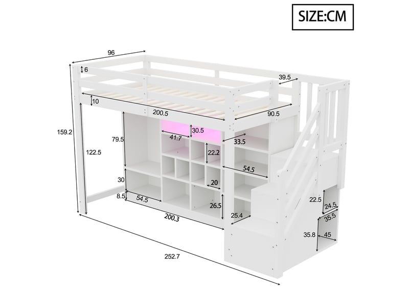  Lit mezzanine 90 x 200 cm avec rangement, armoire, escalier et led, blanc  - Conforama C