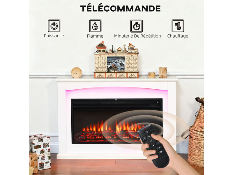  Cheminée électrique 1000w2000w, fausse cheminée décorative, 121x25x77cm, effet flamme à 5 luminosités réglables, blanc  - Conforama R