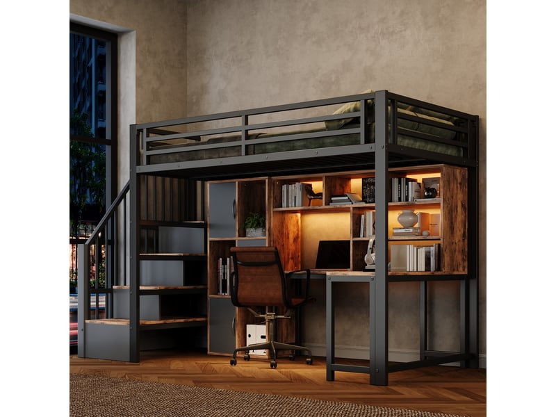  Lit mezzanine 90 x 200 cm avec bureau, led et escalier avec rangement, lit simple en métal noir avec étagères et placards intégrés  - Conforama C