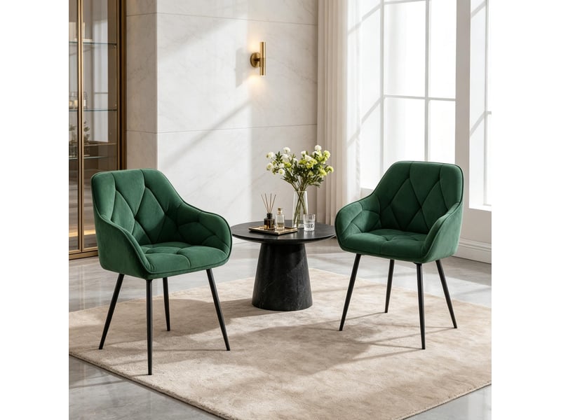 Lot de 2 chaises de salle à manger en velours vert foncé avec accoudoirs et piètement métal, style design - Conforama D