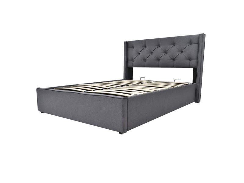  Lit 140x200 cm coffre hydraulique - cadre métallique contemporain, rangement, sommier métal, tissu coton gris  - Conforama A