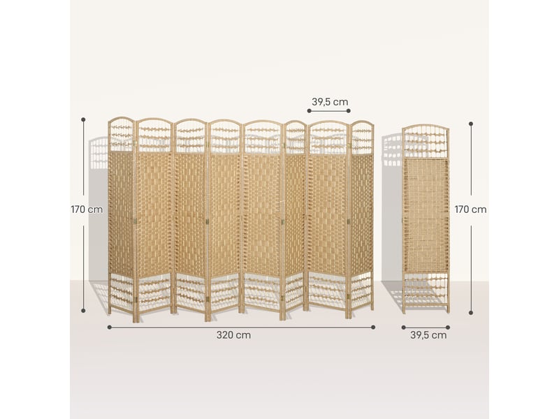  Paravent intérieur en bois séparateur de pièce cloison pliable 8 panneaux bois naturel 320 x 170 cm  - Conforama C
