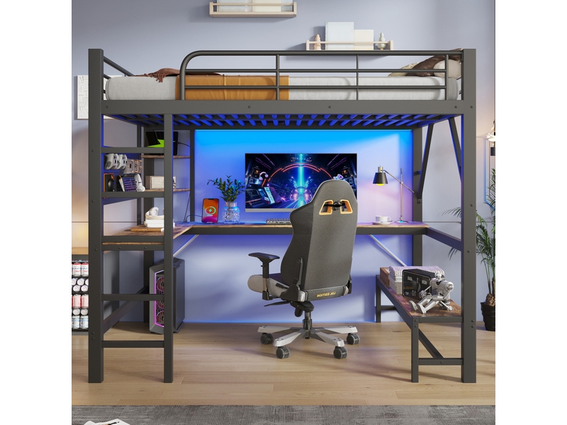  Lit mezzanine 160x200 cm noir en métal et mdf avec bureau, led, usb-c, rangements et panneau perforé, sans matelas  - Conforama B