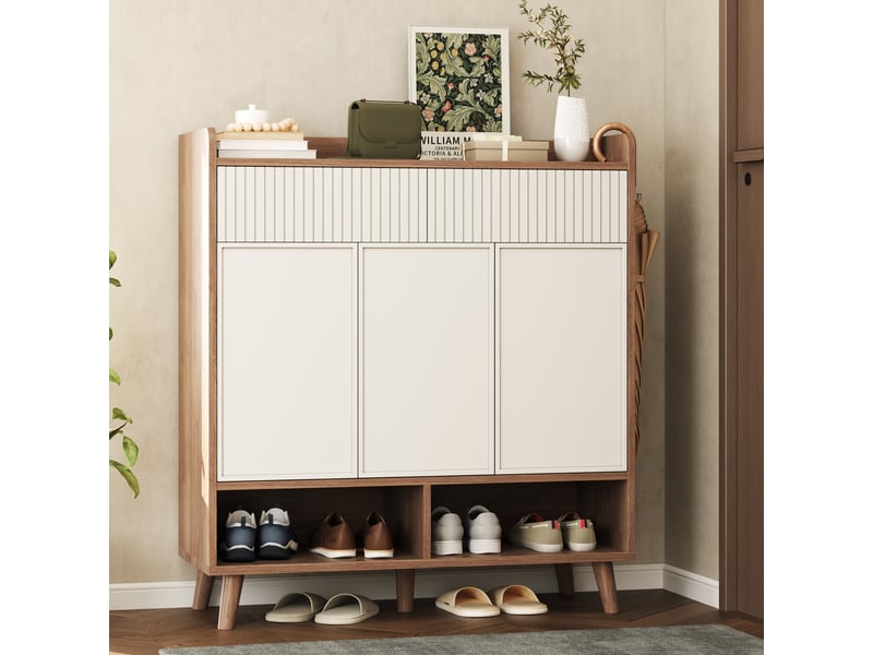  Buffet chaussures blanc 90 cm - 3 portes,2 tiroirs,pieds bois - idéal entréecouloir - 90x35x100 cm  - Conforama B
