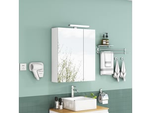 Meuble de salle de bains avec miroir led de 60 cm, 2 portes asymétriques, prise française et étagères réglables, blanc.