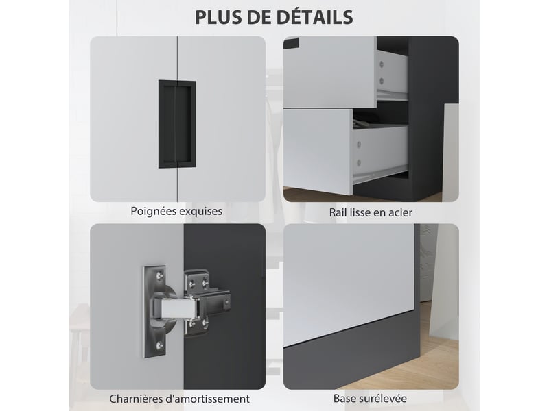  Armoire chambre penderie avec 2 portes à fermeture douce, 3 tiroirs et barre de suspension, 80x50x180cm, gris et blanc  - Conforama E