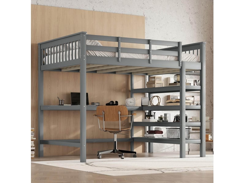  Lit mezzanine 140x200 cm, bibliothèque de rangement, bureau sous le lit, 200 kg, bois + mdf, gris  - Conforama D