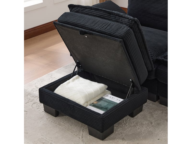  Canapé droit modulable 2 places en velours côtelé noir avec 2 poufs, usb-c et rangement pour le salon  - Conforama D