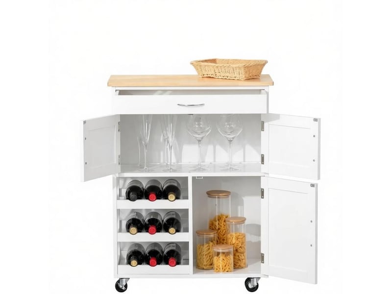 Desserte de cuisine avec 1 tiroir 3 portes et range-bouteilles à roulettes pour cuisine en mdf et métal blanc  - Conforama A