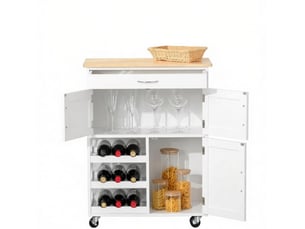 Desserte de cuisine avec 1 tiroir 3 portes et range-bouteilles à roulettes pour cuisine en mdf et métal blanc