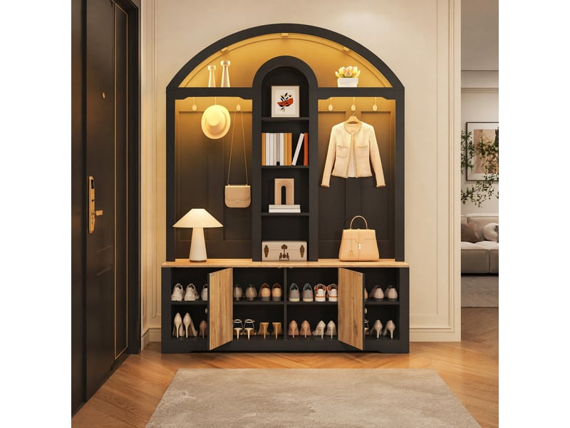  Meuble d'entrée avec 2 portes, étagères ouvertes et crochets pour hall, mdf noir aspect bois, 150 × 40 × 195 cm  - Conforama D