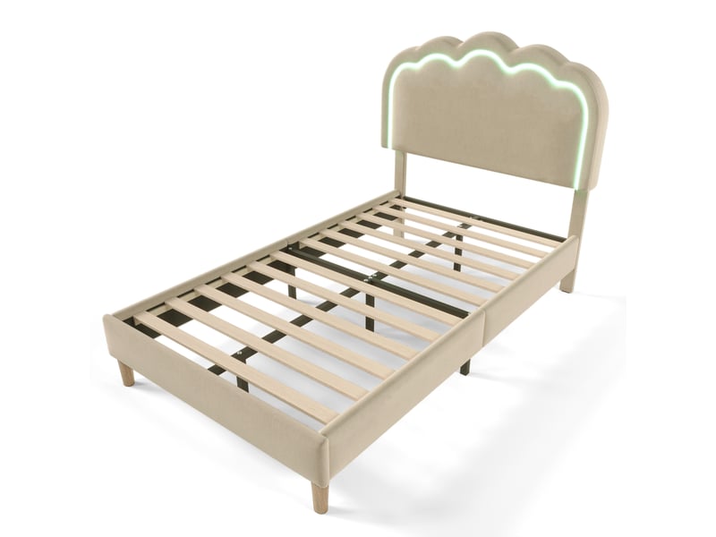  Lit simple rembourré en tissu lin beige 90 x 190 cm, tête réglable, sommier à lattes et led  - Conforama E