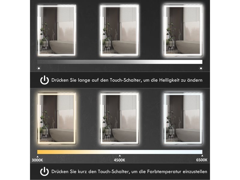  Miroir led de salle de bain - 80x60 cm - rectangulaire - intensité variable - fonction mémoire - surface antibuée 80x60x4cm - Conforama E