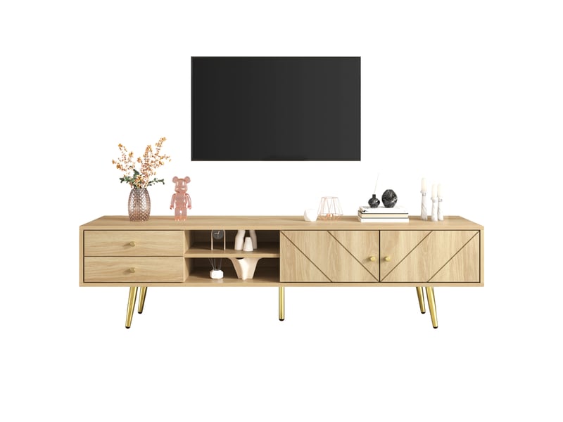  Meuble tv 160 cm avec pieds dorés, 2 tiroirs, portes à rainures inclinées, couleur bois  - Conforama A