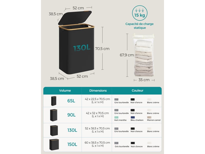 Poignées De Transport Pratiques Panier à Linge 2 Compartiments 36L - Avec Plateau Bambou Et Poignées - Tissu Oxford Beige - Pour Buanderie, Salle De Bain