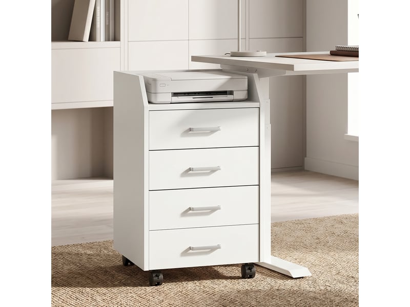 Commode de bureau en bois à 4 tiroirs, roulettes et bords surélevés, 40 x 36 x 65 cm, blanche  - Conforama C