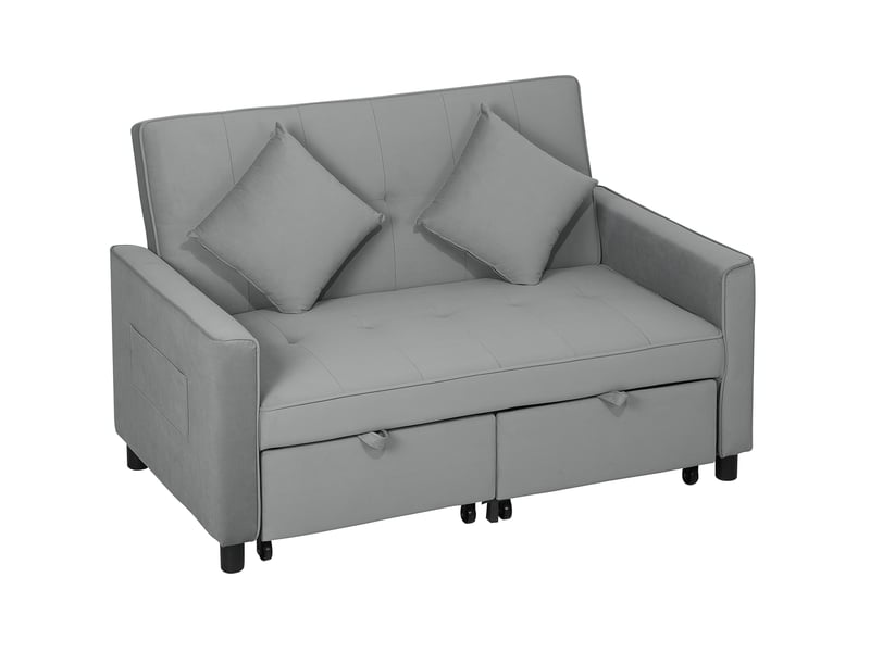 Canapé convertible 2 places en tissu gris à l'aspect velours, dossier 3 positions, coffre et roulettes - Conforama A