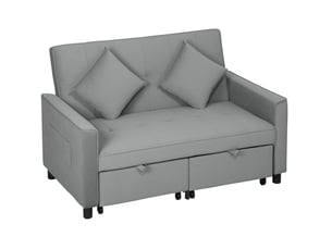 Canapé convertible 2 places en tissu gris à l'aspect velours, dossier 3 positions, coffre et roulettes