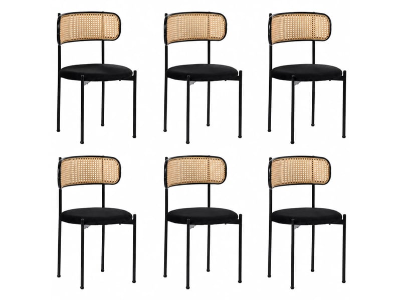  Lot de 6 chaises 51x51x75 cm, dossier rotin, couleur noire, assise en velours, pieds métal, pour salle à manger  - Conforama A