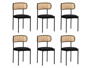 Lot de 6 chaises 51x51x75 cm, dossier rotin, couleur noire, assise en velours, pieds métal, pour salle à manger