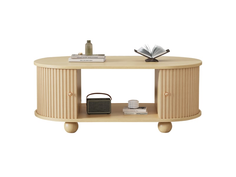  Table basse d'appoint rangement 100x50x40 cm compact design ovale portes ouverture 180° cannelées mdf coloris bois  - Conforama A