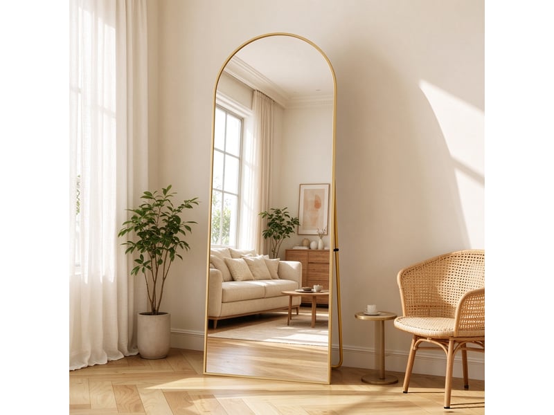  Miroir psyché arqué sur pied 173x63 cm, miroir pleine longueur arqué avec cadre en alliage d'aluminium, miroir de coiffeuse, miroir sur pied inclinable ou suspendu, doré  - Conforama B