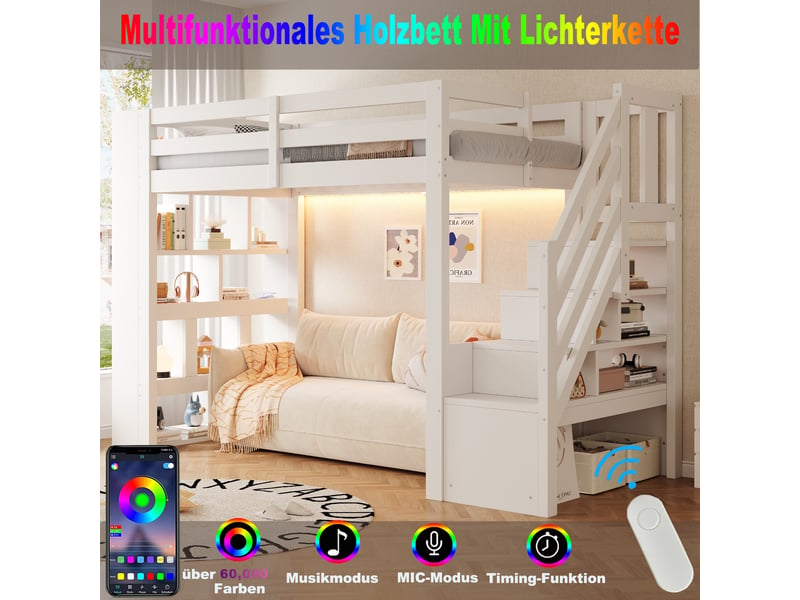  Lit mezzanine 90x200cm avec étagères, escalier de rangement, barrières de sécurité, éclairage led et sommier à lattes, bois, blanc evarich - Conforama C