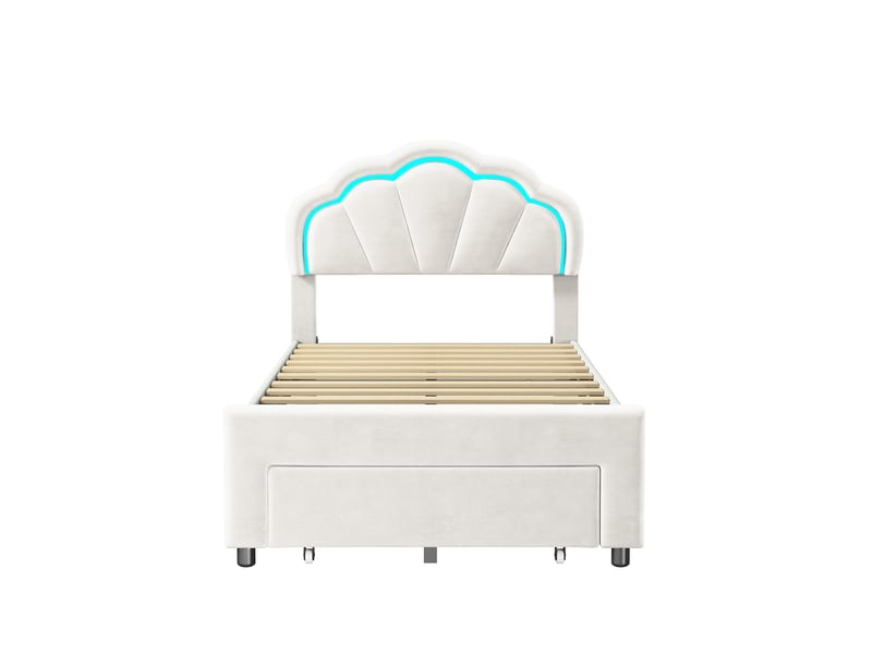  Feeohome lit capitonné 90 x 200 cm, lit double rembourré avec tête de lit et sommier à lattes, lits enfant avec lampes led, lits tiroir pour enfants avec rangement pour adolescents et filles  - Conforama A