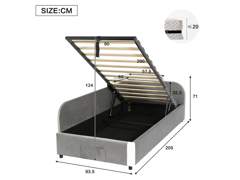 Lit coffre enfant 90x200 cm avec barrières rembourrées et ouverture hydraulique - Conforama E