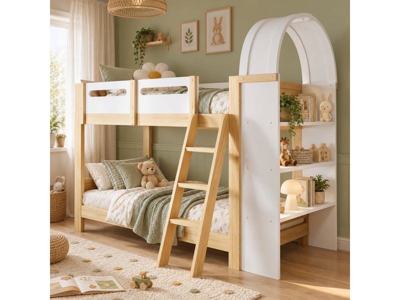 Lit superposé enfant 90 x 200 cm en bois avec étagère 3 niveaux, échelle 3 marches et garde-corps, blanc et naturel - Conforama E
