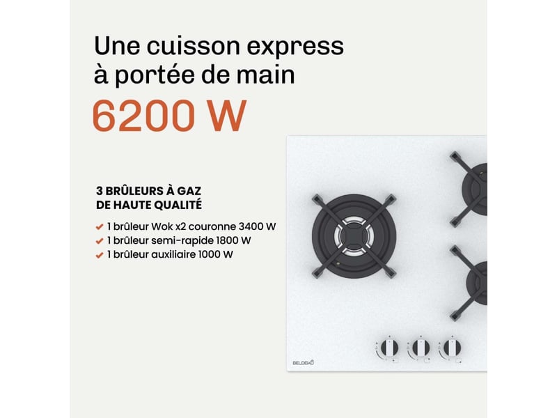 Beldeko plaque gaz 3 foyers 6200 w - verre blanc - brûleur double couronne - grilles en fonte - marque française - Conforama E