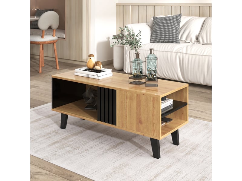  Table basse 100x60x45 cm avec rangements, noir et couleur bois  - Conforama E