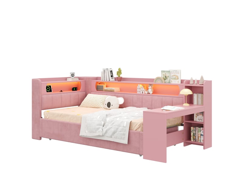  Lit extensible 90x200 à 180x200 cm rose avec bureau, led et usb  - Conforama A
